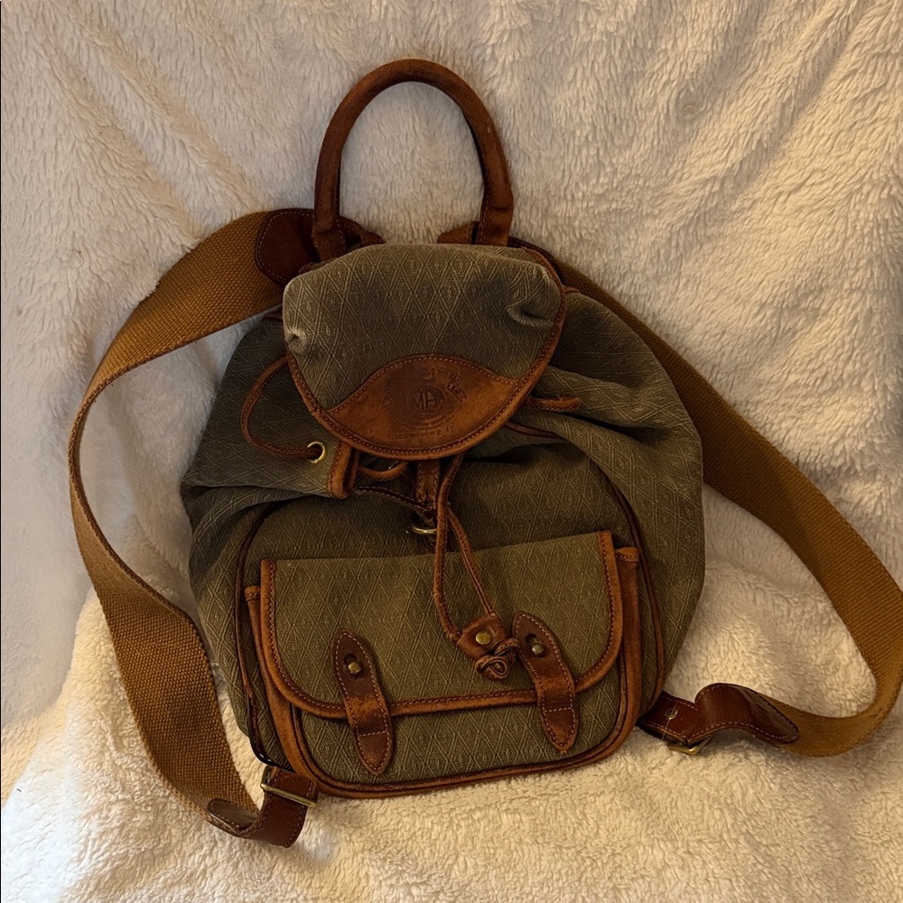 Rare Vintage Ghurka Green Thick Khaki and Brown Leather Trimmed Purse Backpack